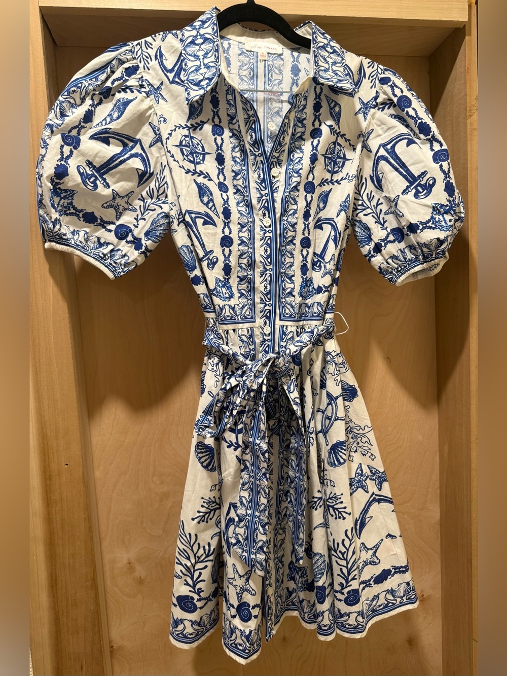 Flying Tomato Blue and White Nautical Puff-Sleeve Shirt Dress Size Small New